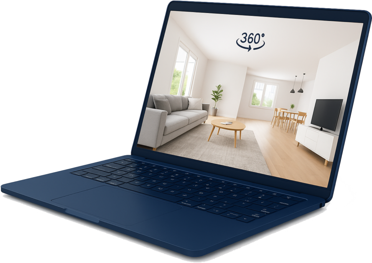 Visite virtuelle à 360° d’un intérieur affichée sur un ordinateur.