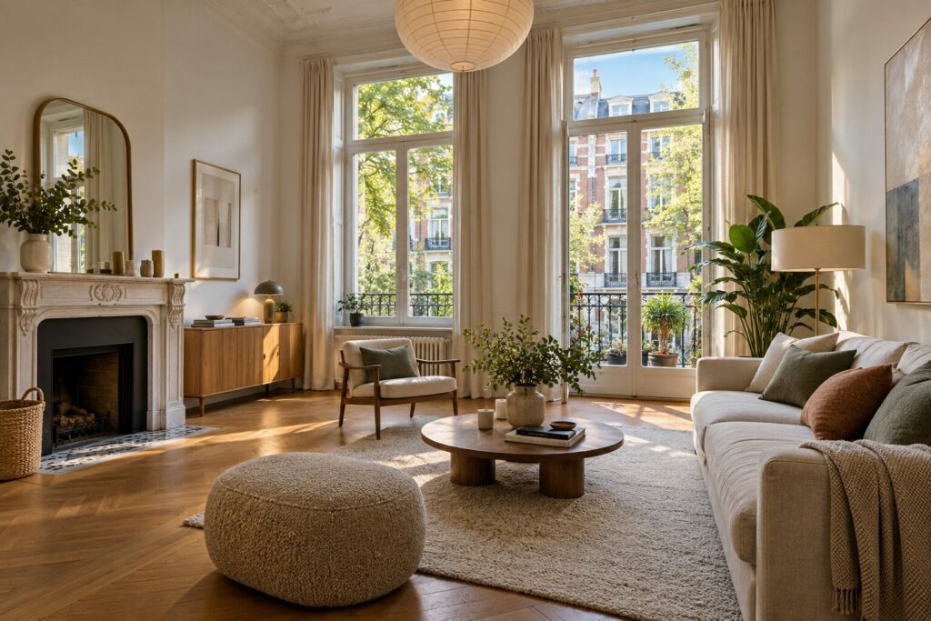 Illustration originale d’un séjour lumineux inspiré des maisons bruxelloises.