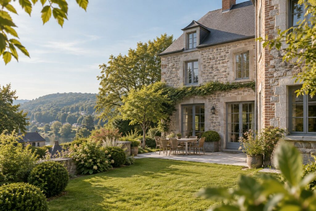 Illustration originale d’une maison en pierre avec jardin, inspirée de l’habitat namurois.