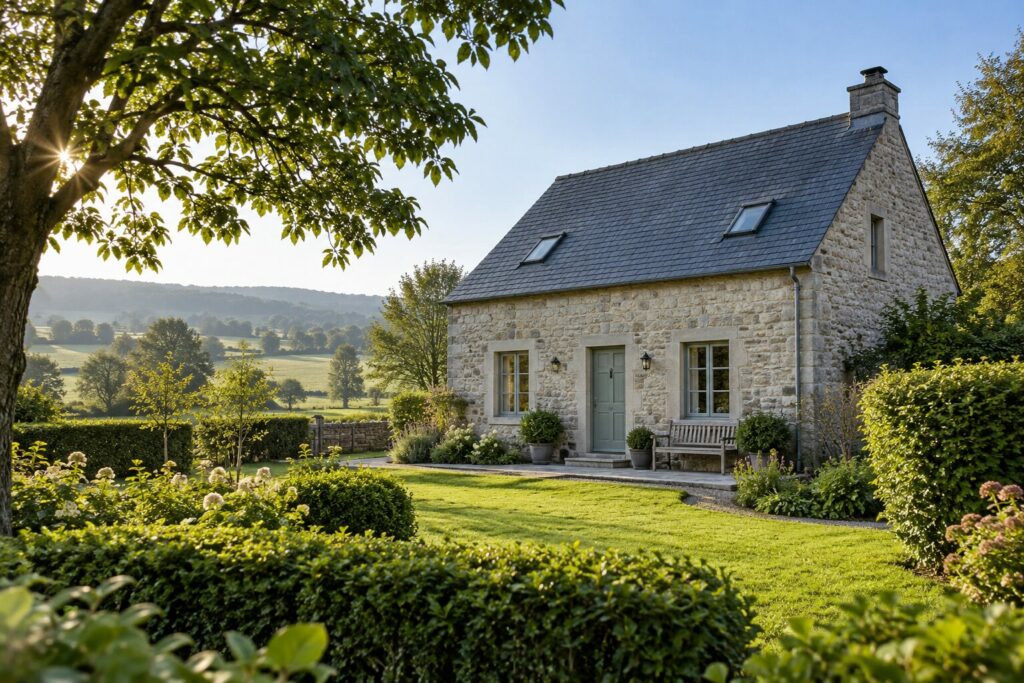 Illustration originale d’une maison rurale en pierre avec jardin, inspirée du secteur de Natoye.